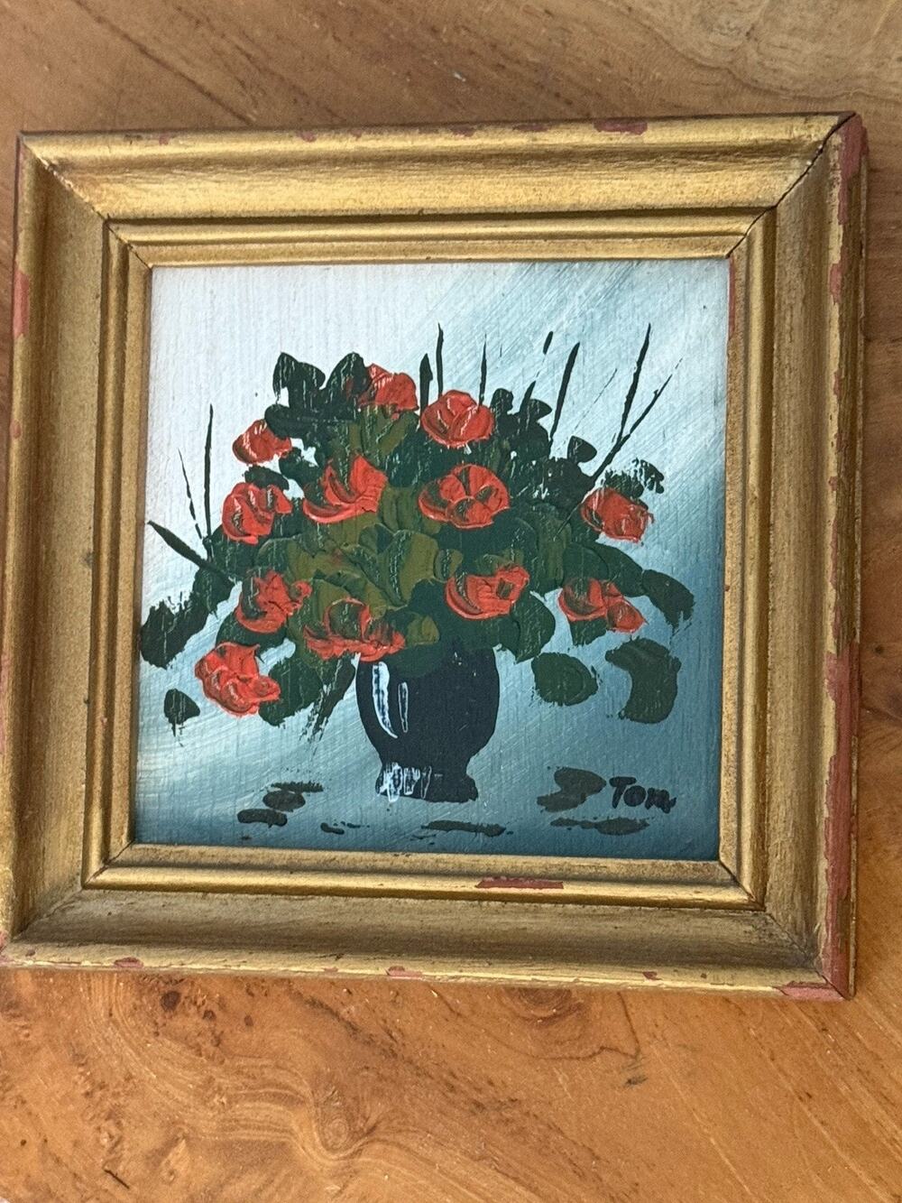 Vintage Impasto Oil Painting On Board Red Bouquet Roses 5.5x5.5” Gold Wood Frame